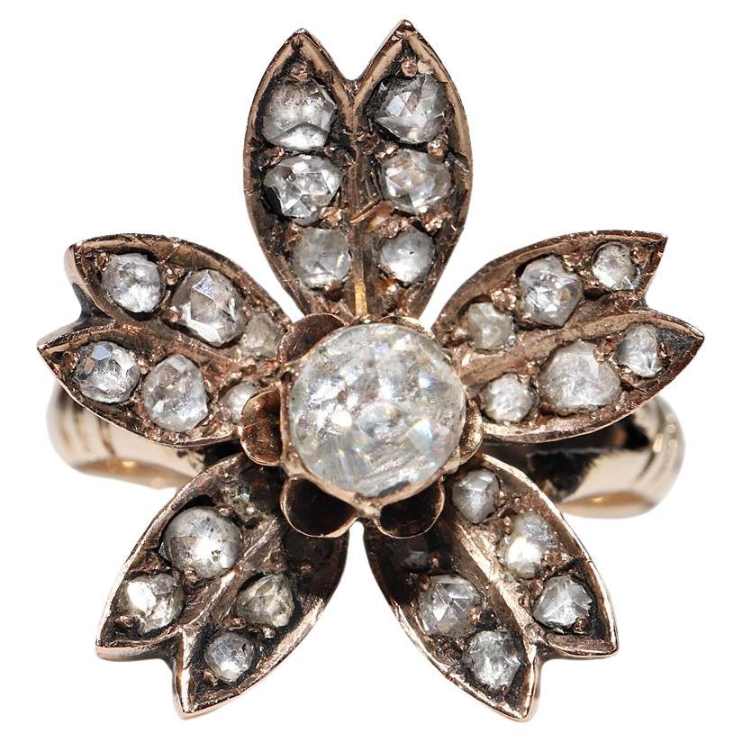 Antiker 14k Goldring mit natürlichem Diamanten im Rosenschliff, um 1900er Jahre, dekoriert