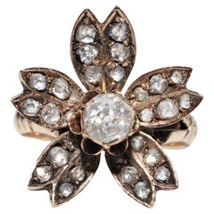Antiker 14k Goldring mit natürlichem Diamanten im Rosenschliff, um 1900er Jahre, dekoriert