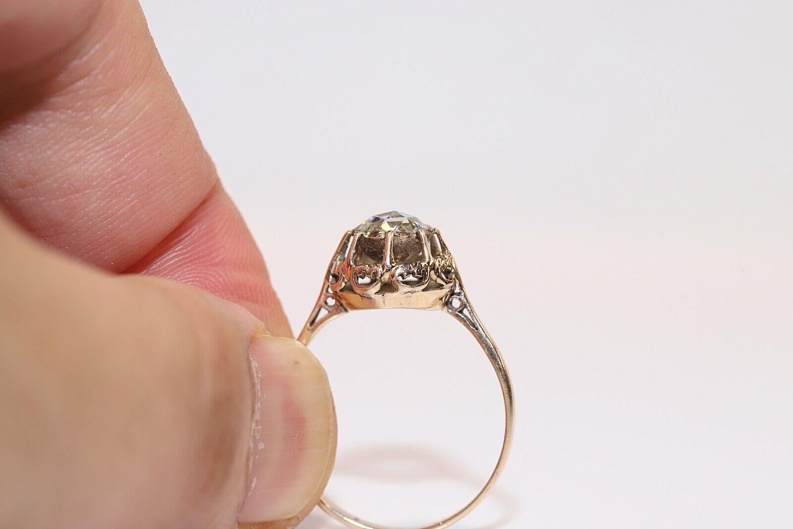 Antique Circa 1900s 14k Gold Natural Rose Cut Diamond Decorated Solitaire Ring  For Sale 1