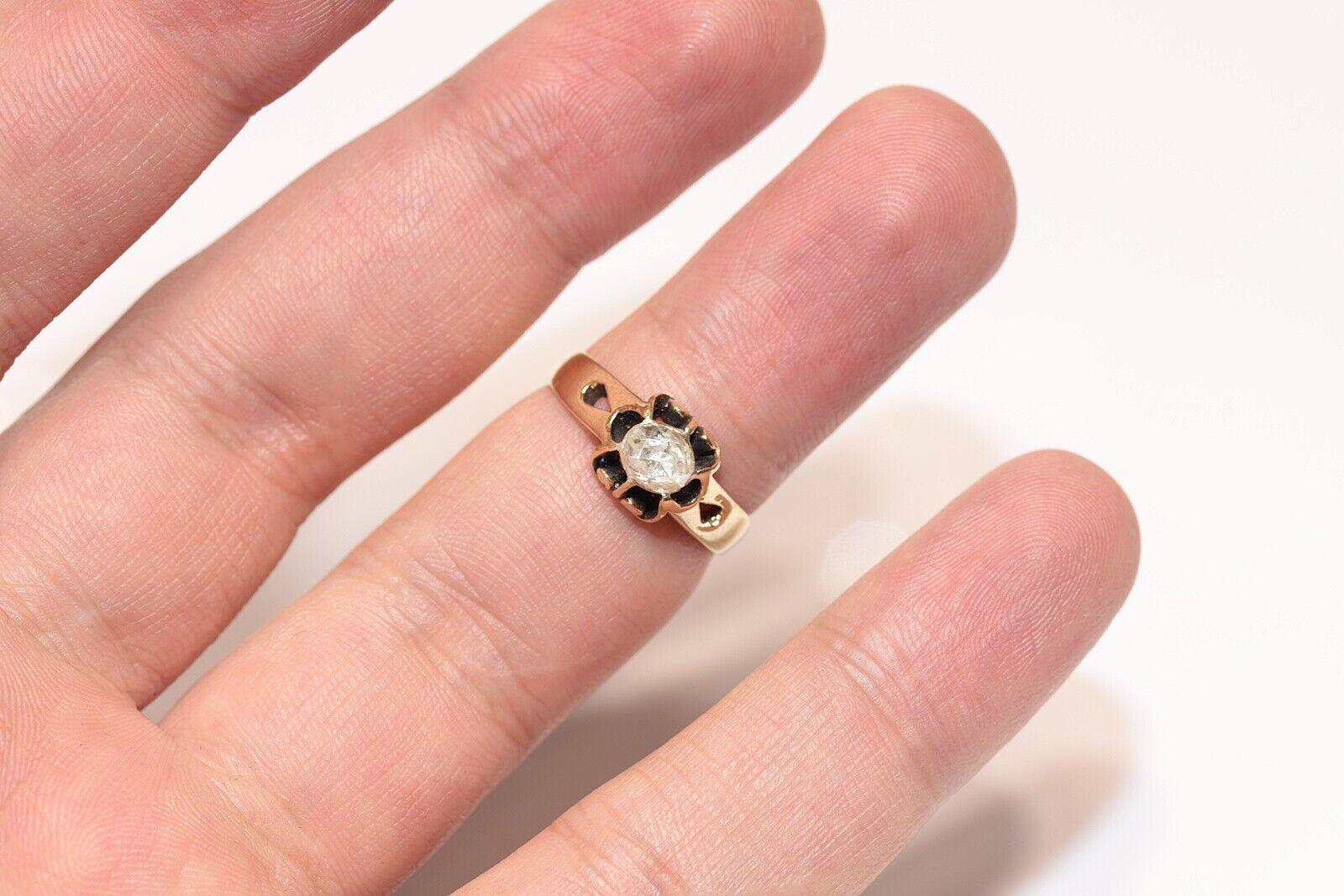 Antique Circa 1900s 14k Gold Natural Rose Cut Diamond Decorated Solitaire Ring  For Sale 3