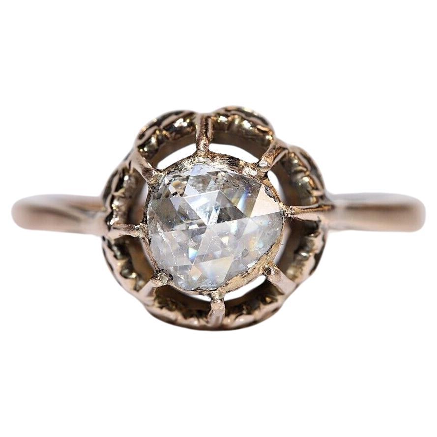 Antiker Solitär-Ring, um 1900er Jahre, 14k Gold, natürlicher Diamant im Rosenschliff, dekoriert 