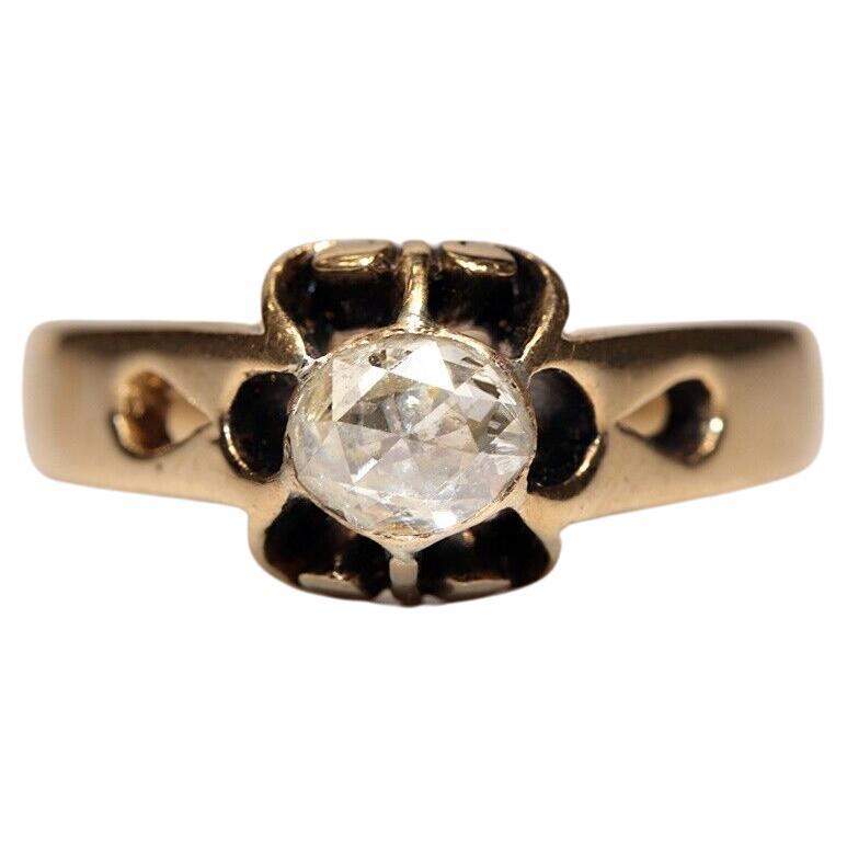 Antique Circa 1900s 14k Gold Natural Rose Cut Diamond Decorated Solitaire Ring  For Sale