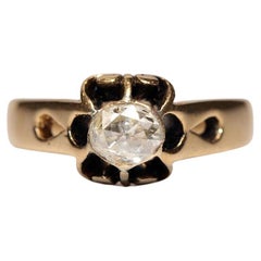 Antique Circa 1900s 14k Gold Natural Rose Cut Diamond Decorated Solitaire Ring 