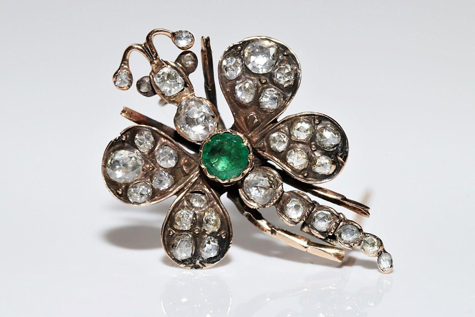 Victorian Antique Circa 1900s 14k Gold Natural Rose Cut Diamond Dragonfly Brooch For Sale