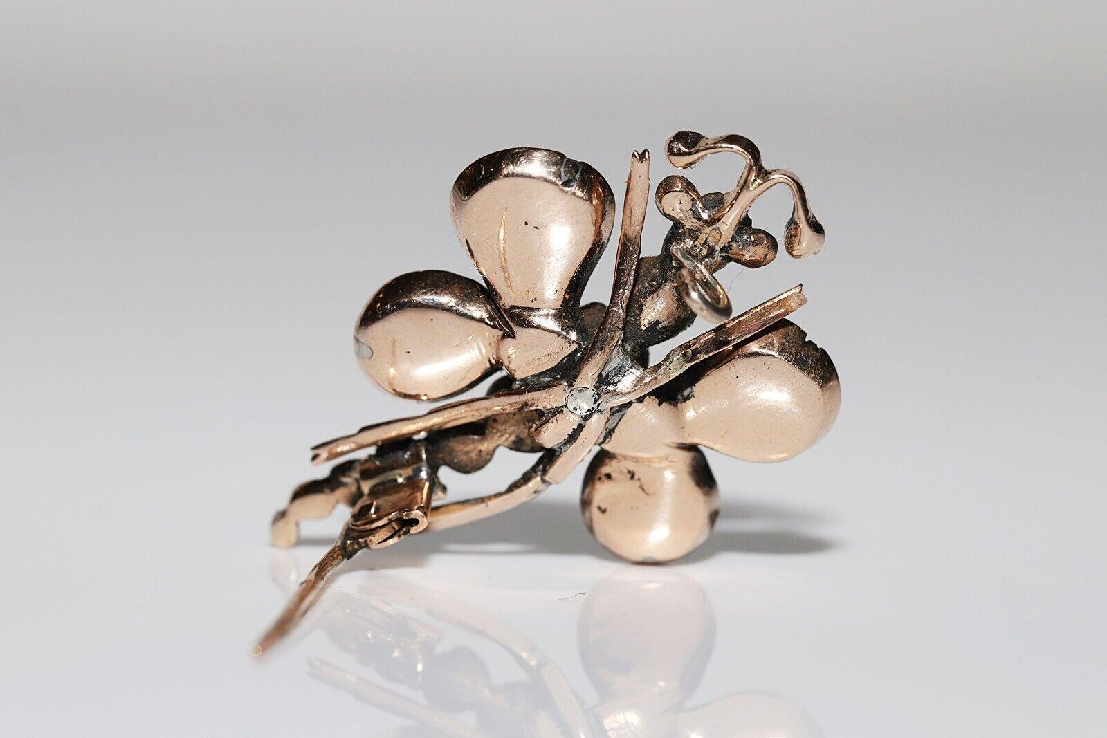 Women's Antique Circa 1900s 14k Gold Natural Rose Cut Diamond Dragonfly Brooch For Sale