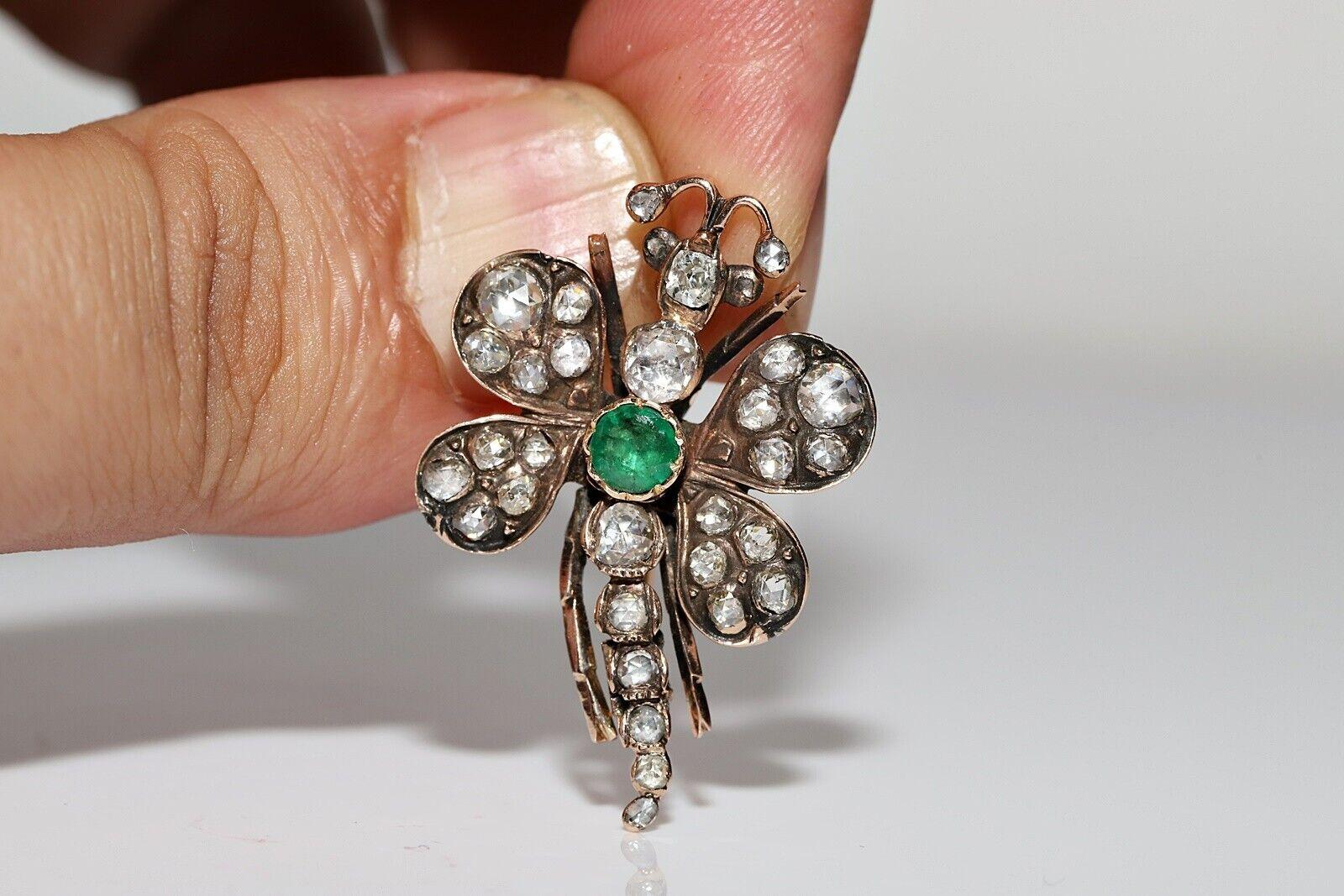 Antique Circa 1900s 14k Gold Natural Rose Cut Diamond Dragonfly Brooch For Sale 3
