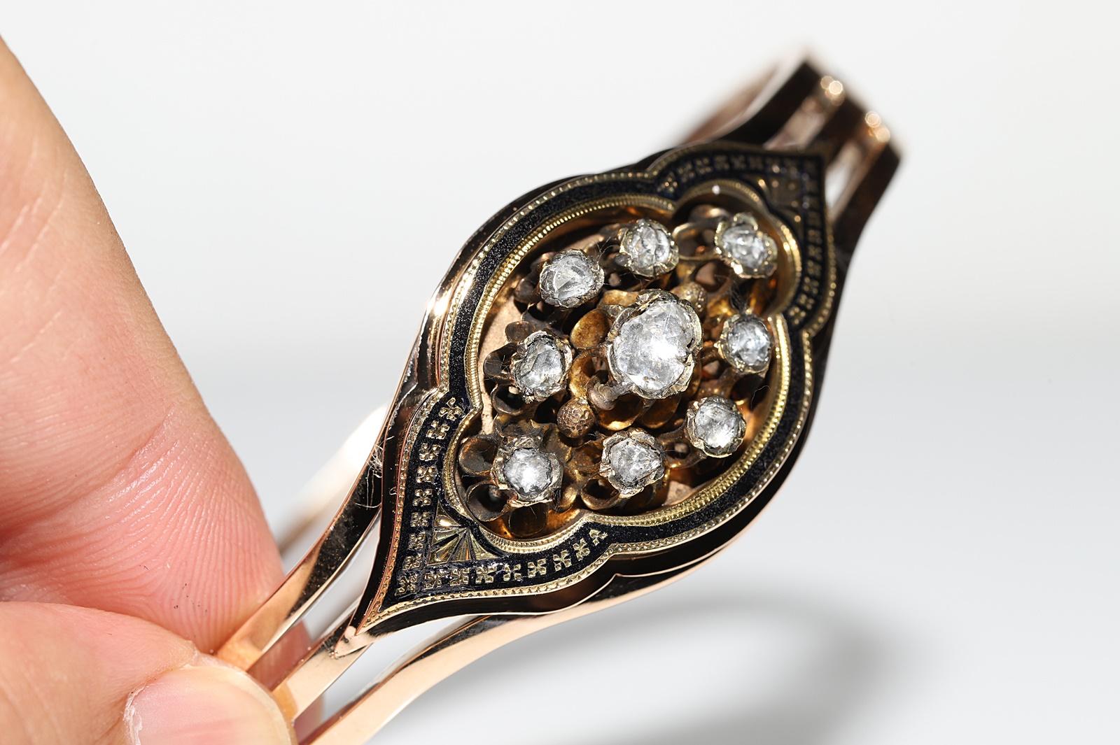 Antique Circa 1900s 14k Gold Natural Rose Cut Diamond Enamel Bangle Bracelet  For Sale 3