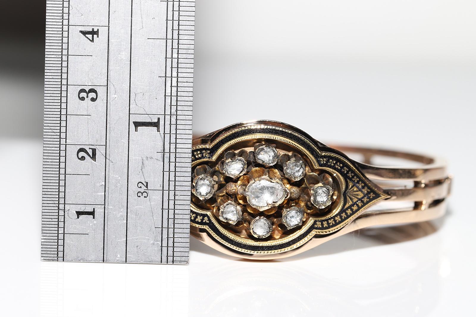 Antique Circa 1900s 14k Gold Natural Rose Cut Diamond Enamel Bangle Bracelet  For Sale 4