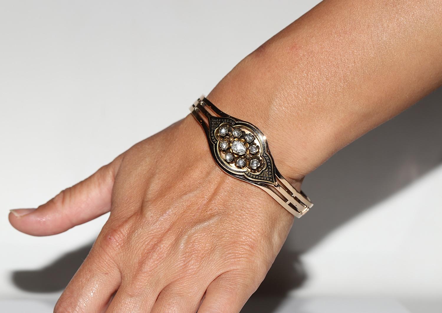 Antique Circa 1900s 14k Gold Natural Rose Cut Diamond Enamel Bangle Bracelet For Sale 6
