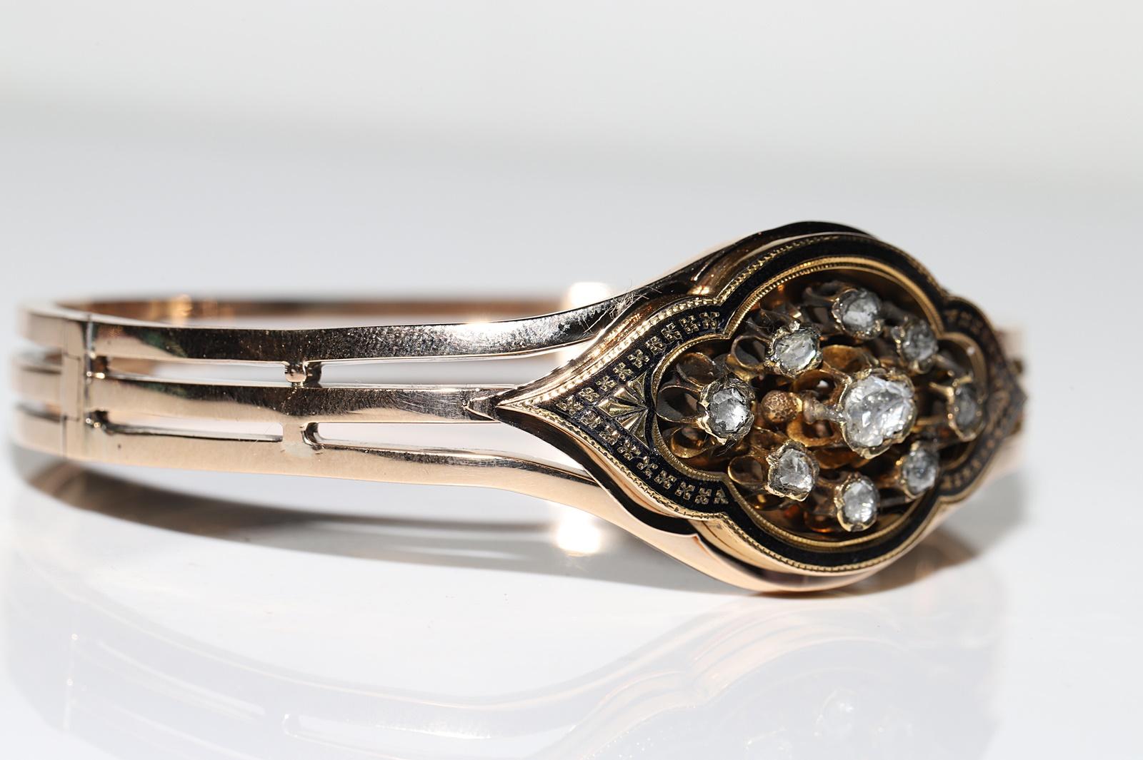 Bracciale antico CIRCA 1900 in oro 14k con diamante naturale taglio rosa e smalto In condizioni buone in vendita a Fatih/İstanbul, 34