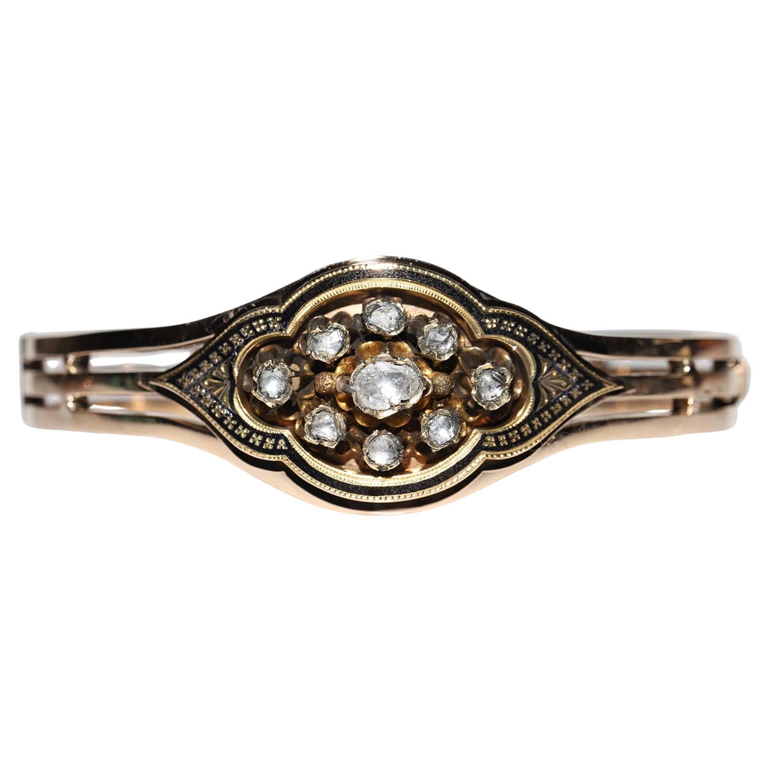 Antique Circa 1900s 14k Gold Natural Rose Cut Diamond Enamel Bangle Bracelet For Sale