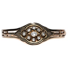 Antique Circa 1900s 14k Gold Natural Rose Cut Diamond Enamel Bangle Bracelet 