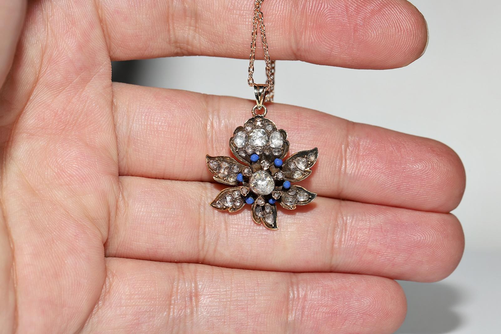 Antique Circa 1900s 14k Gold Natural Rose Cut Diamond Enamel Decorated Necklace For Sale 5