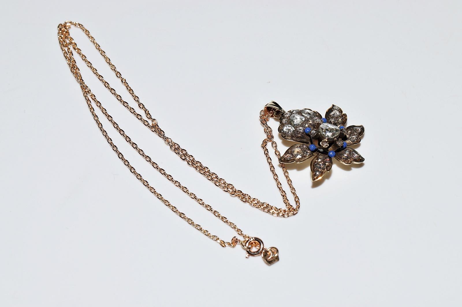Antique Circa 1900s 14k Gold Natural Rose Cut Diamond Enamel Decorated Necklace For Sale 9