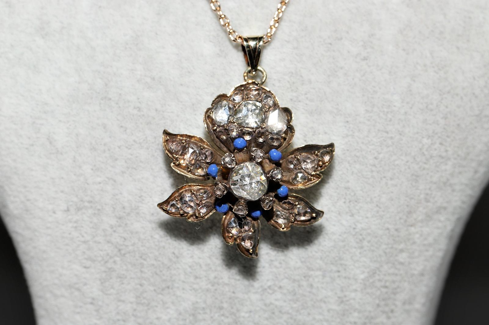 Late Victorian Antique Circa 1900s 14k Gold Natural Rose Cut Diamond Enamel Decorated Necklace For Sale