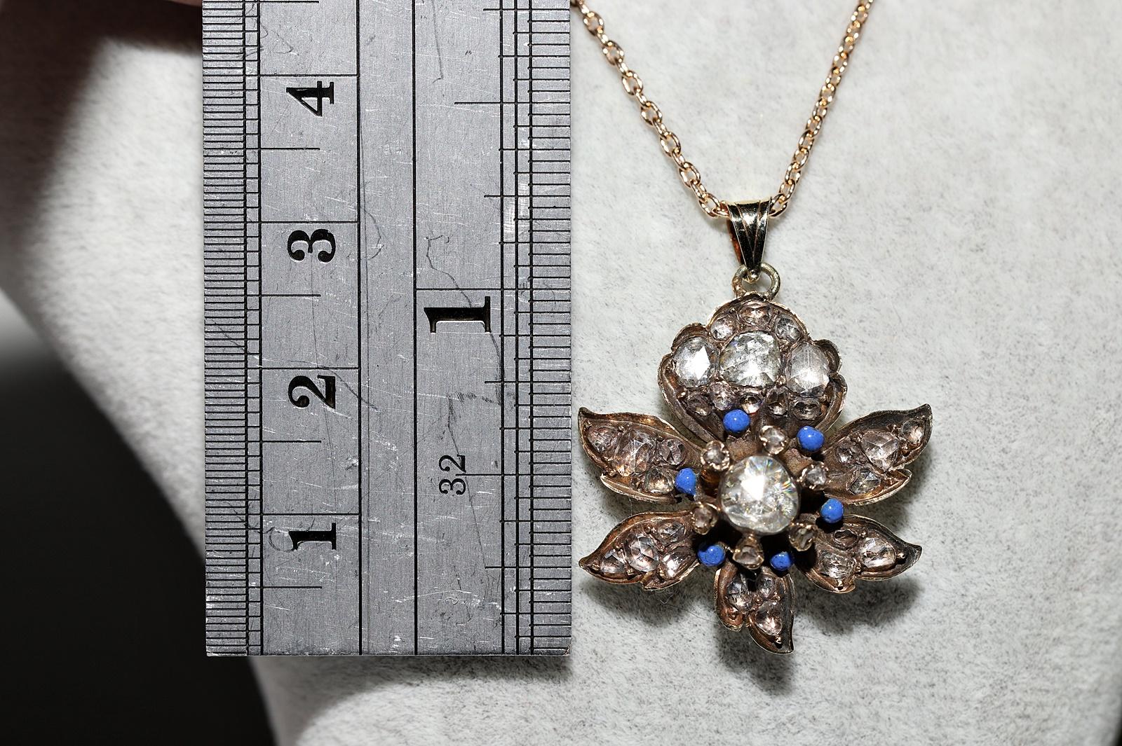 Antique Circa 1900s 14k Gold Natural Rose Cut Diamond Enamel Decorated Necklace In Good Condition For Sale In Fatih/İstanbul, 34