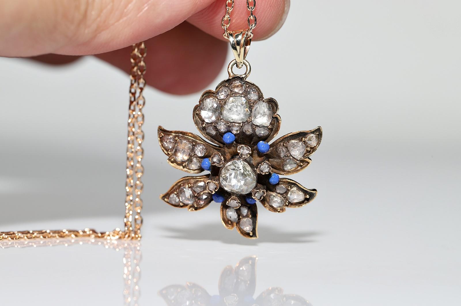 Women's Antique Circa 1900s 14k Gold Natural Rose Cut Diamond Enamel Decorated Necklace For Sale