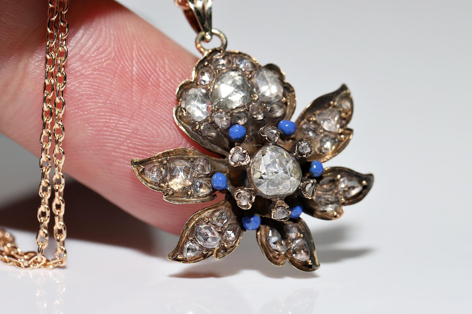 Antique Circa 1900s 14k Gold Natural Rose Cut Diamond Enamel Decorated Necklace For Sale 1