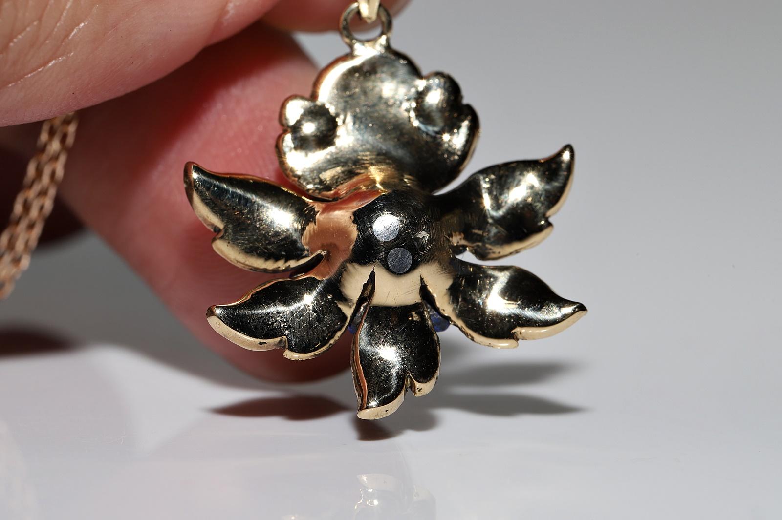 Antique Circa 1900s 14k Gold Natural Rose Cut Diamond Enamel Decorated Necklace For Sale 3