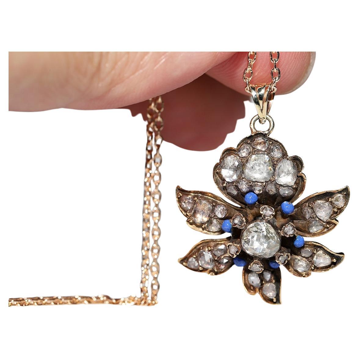 Antique Circa 1900s 14k Gold Natural Rose Cut Diamond Enamel Decorated Necklace