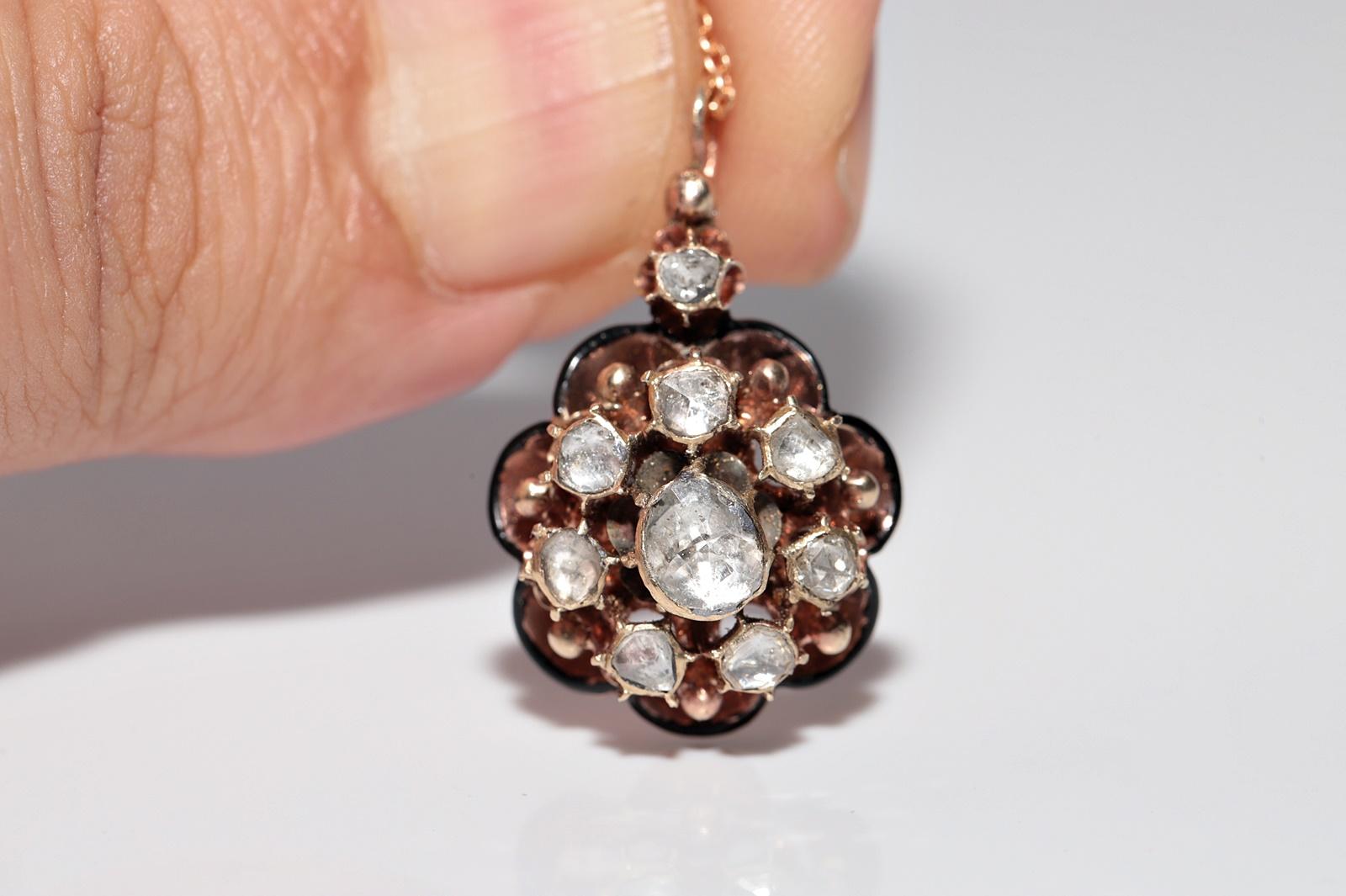 Antique Circa 1900s 14k Gold Natural Rose Cut Diamond Enamel Pendant Necklace For Sale 5