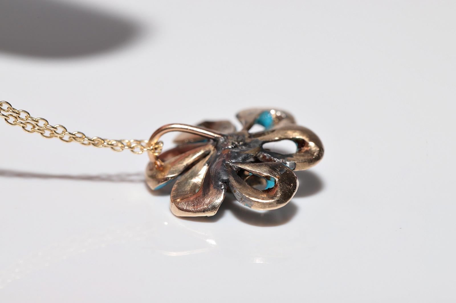 Collier pendentif ancien des années 1900 en or 14 carats, émaillé de diamants naturels taille rose en vente 4