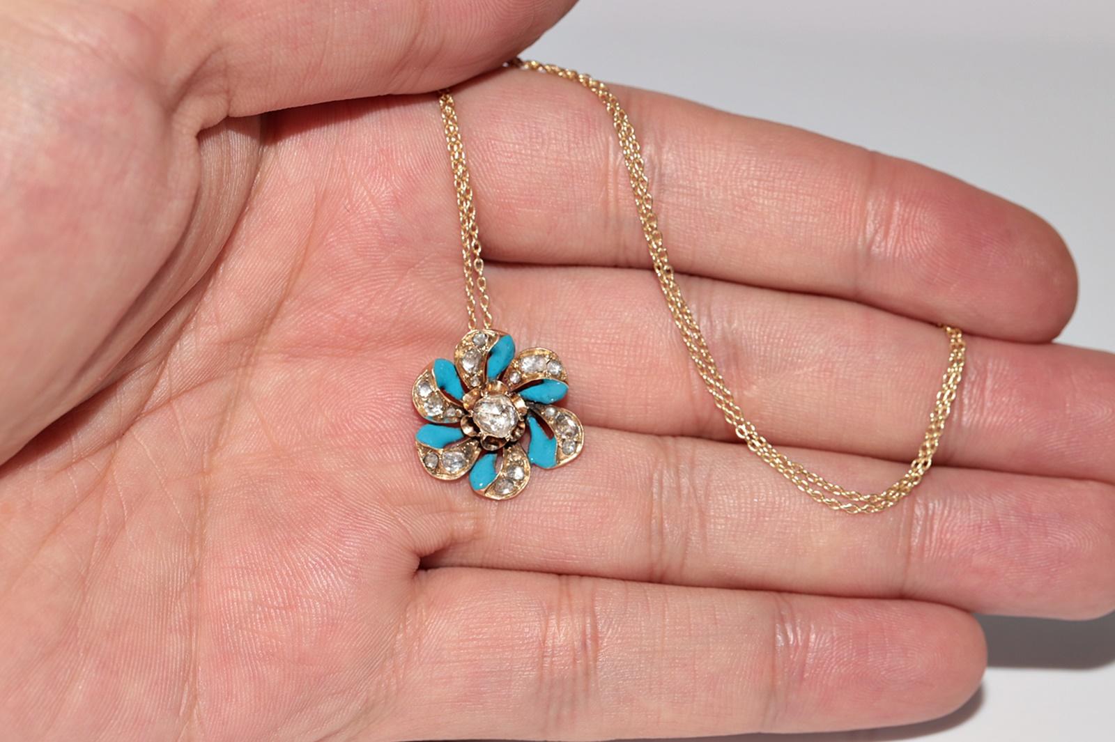 Antique Circa 1900s 14k Gold Natural Rose Cut Diamond Enamel Pendant Necklace For Sale 6