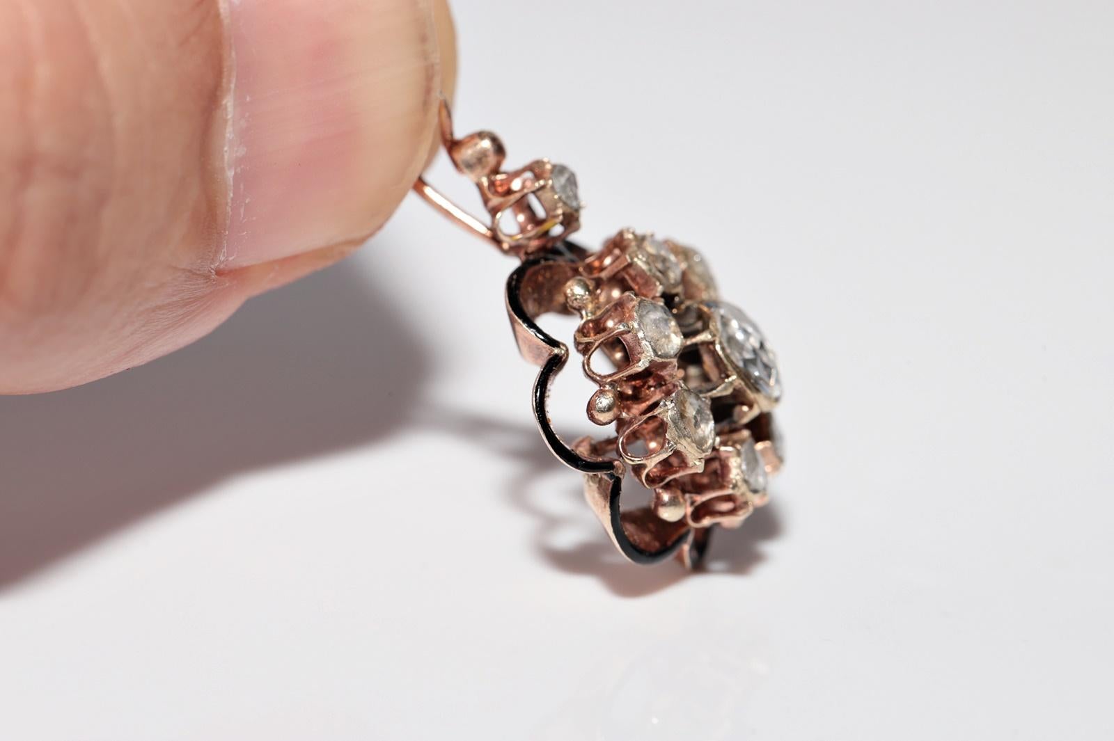 Antique Circa 1900s 14k Gold Natural Rose Cut Diamond Enamel Pendant Necklace For Sale 6