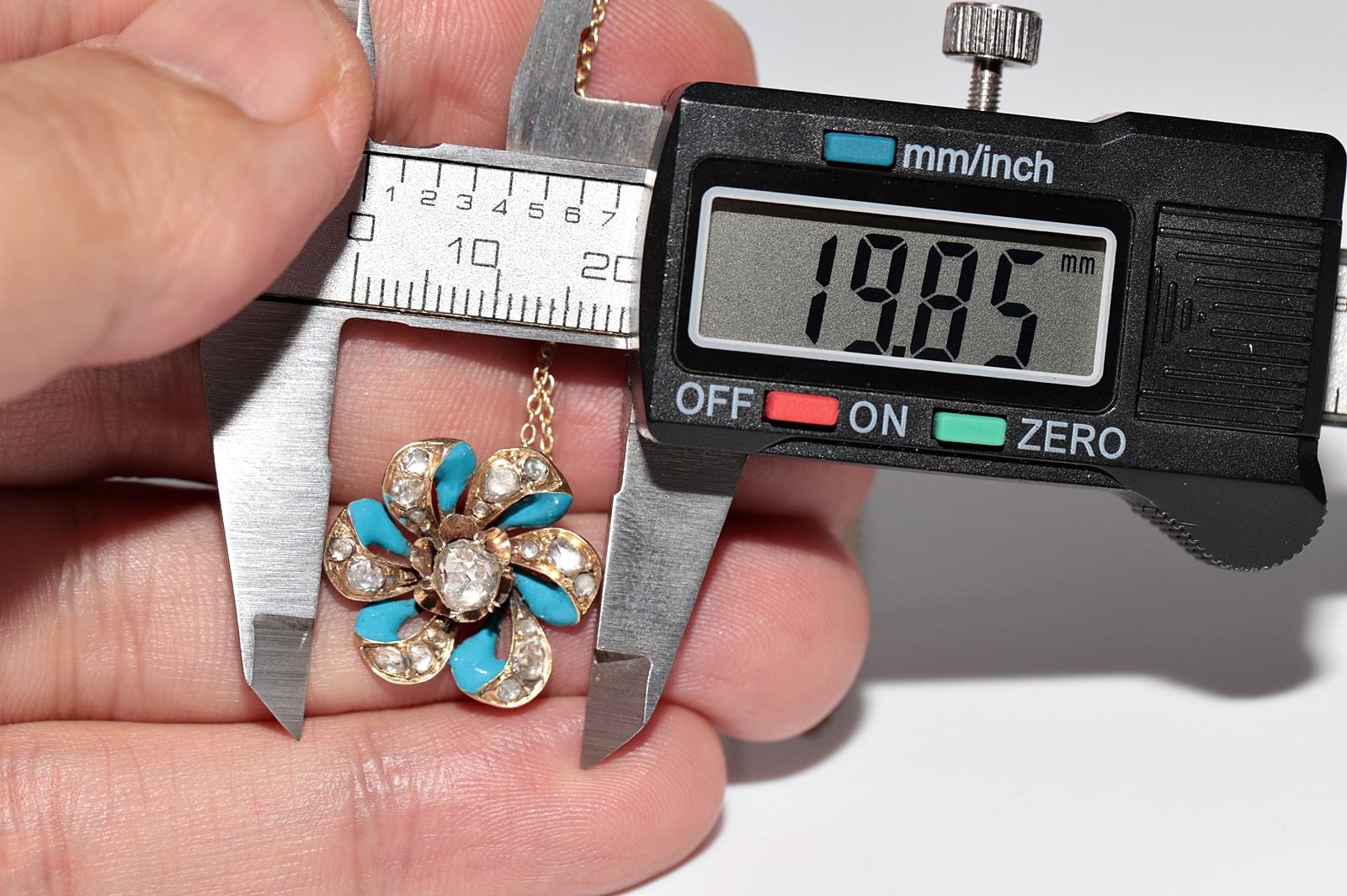 Collier pendentif ancien des années 1900 en or 14 carats, émaillé de diamants naturels taille rose en vente 6