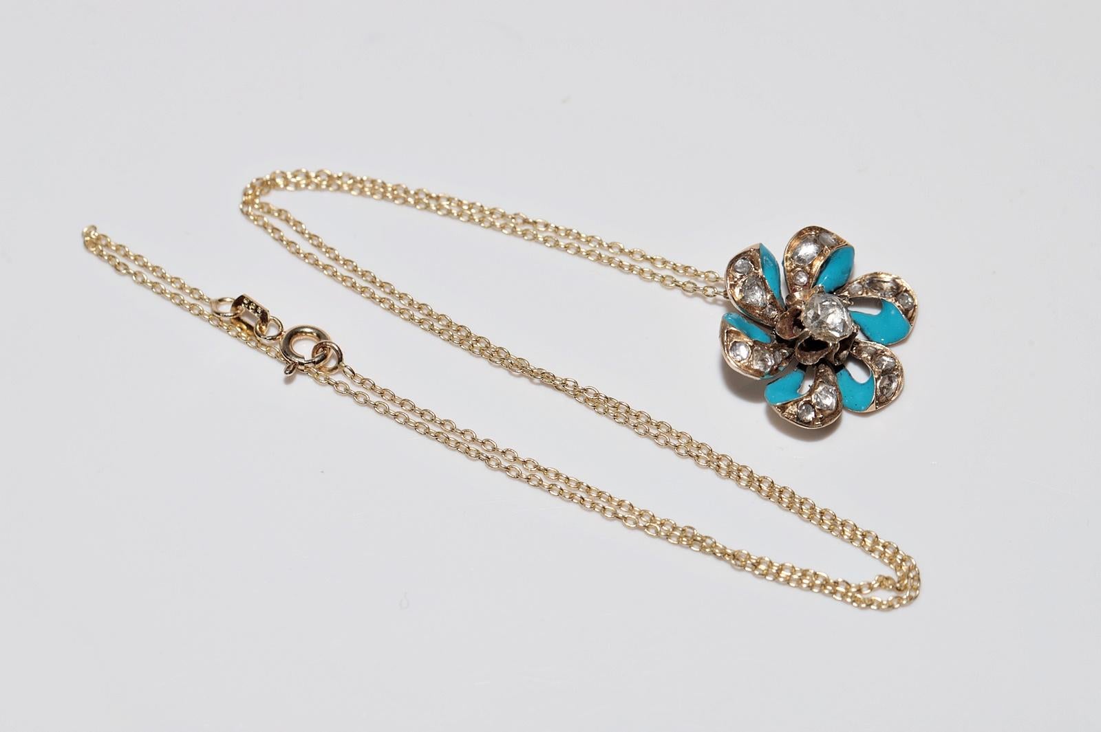 Antique Circa 1900s 14k Gold Natural Rose Cut Diamond Enamel Pendant Necklace For Sale 10