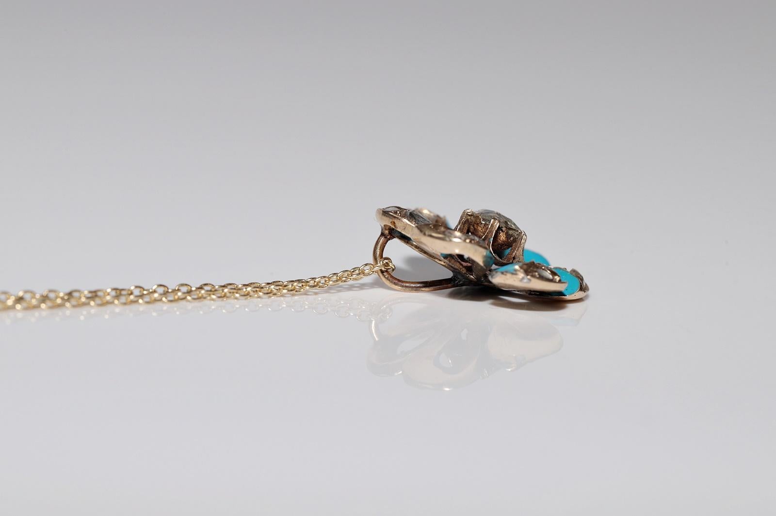 Antique Circa 1900s 14k Gold Natural Rose Cut Diamond Enamel Pendant Necklace For Sale 11