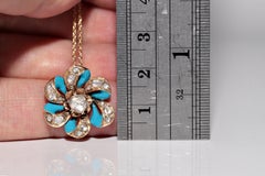 Collana con ciondolo in oro 14k con diamante naturale taglio rosa e smalto, antica CIRCA 1900
