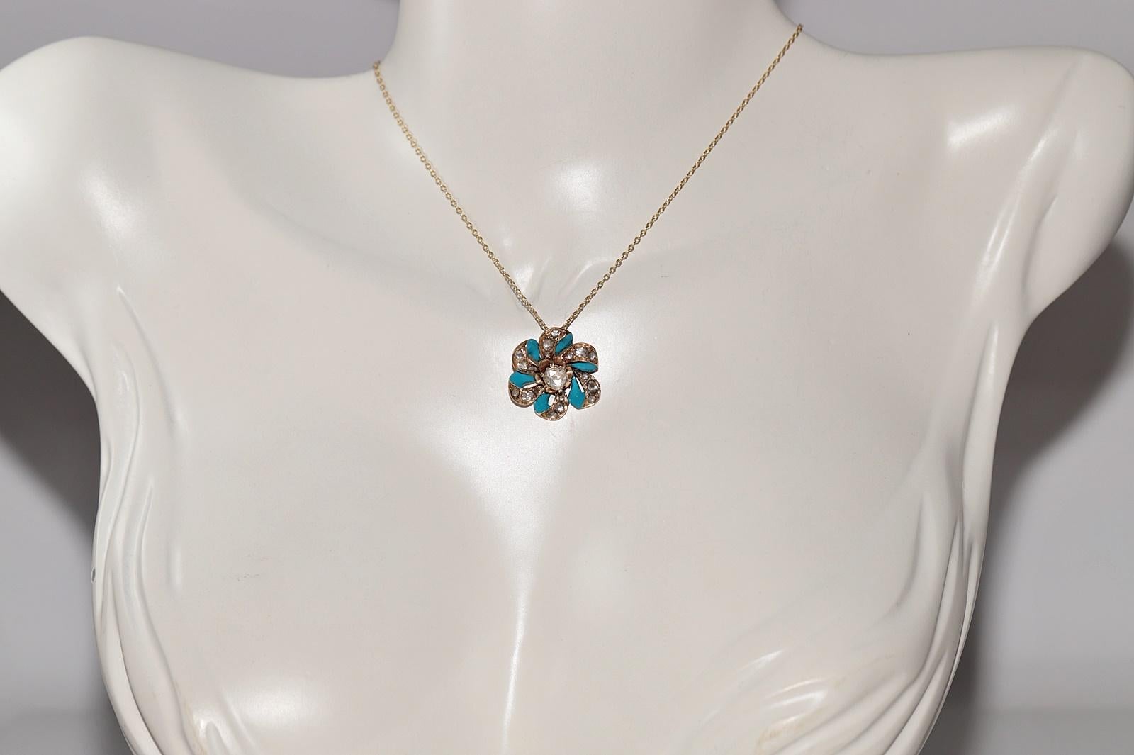 Victorian Antique Circa 1900s 14k Gold Natural Rose Cut Diamond Enamel Pendant Necklace For Sale