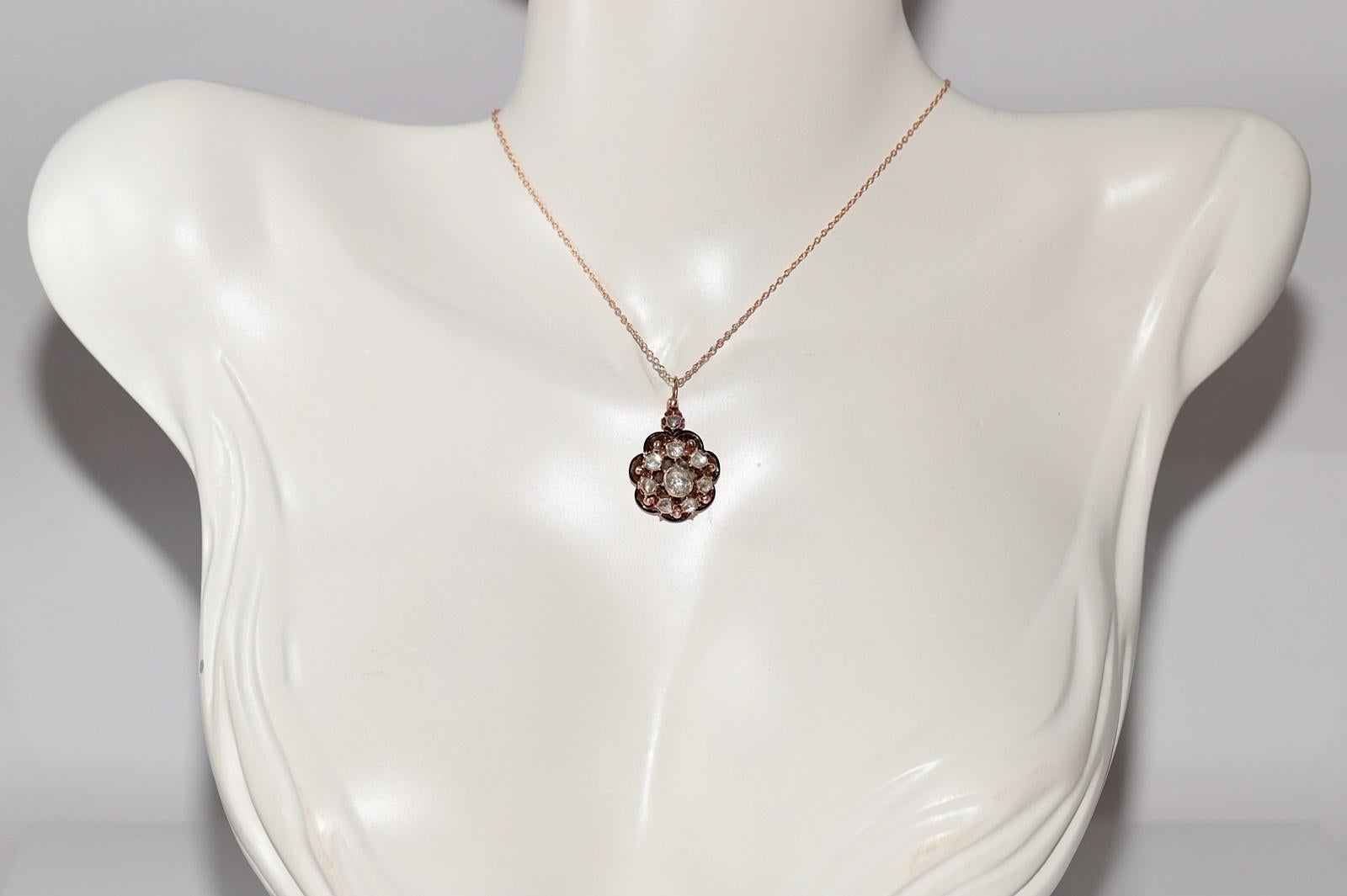 Victorian Antique Circa 1900s 14k Gold Natural Rose Cut Diamond Enamel Pendant Necklace For Sale