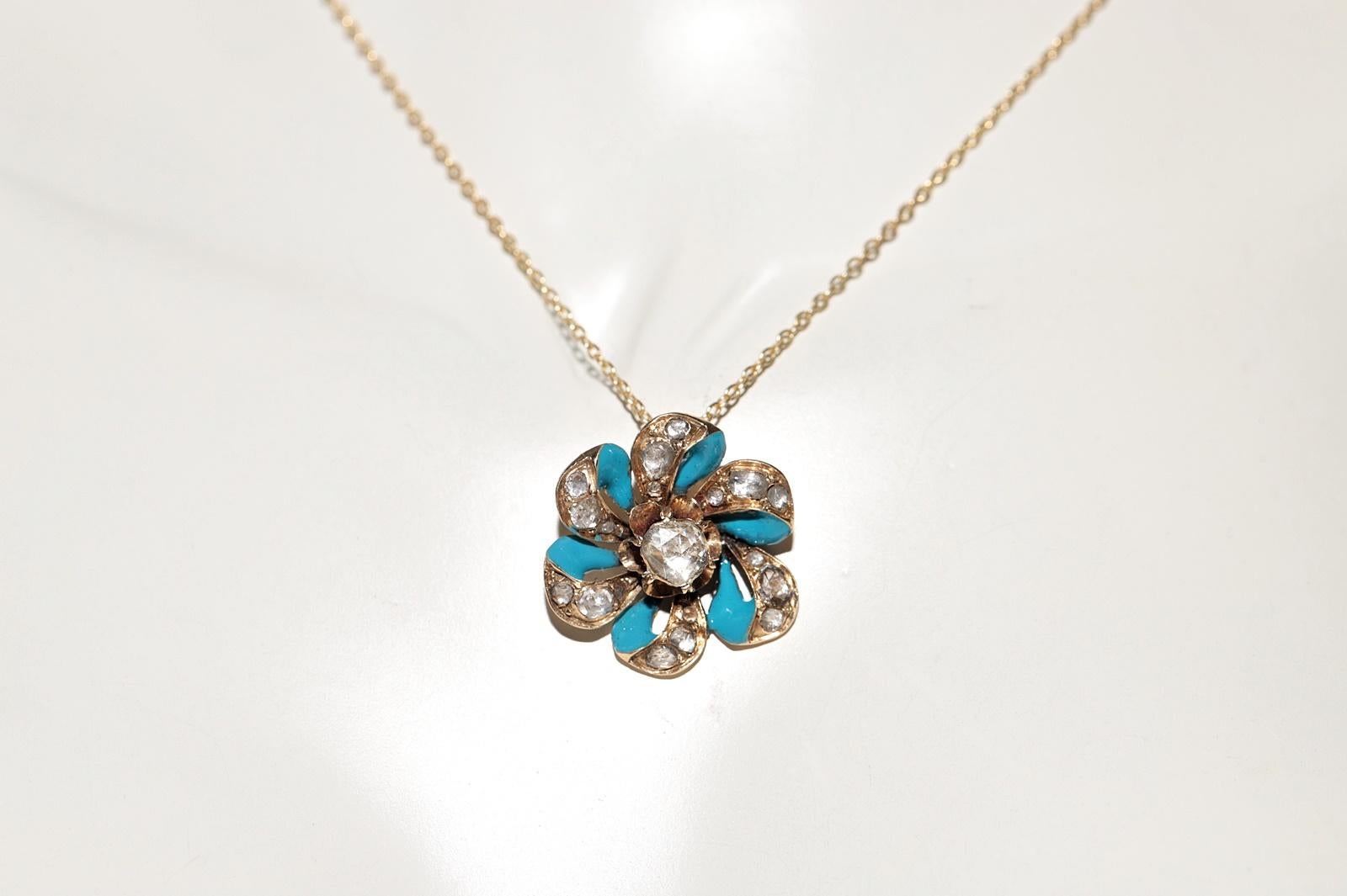 Taille rose Collier pendentif ancien des années 1900 en or 14 carats, émaillé de diamants naturels taille rose en vente