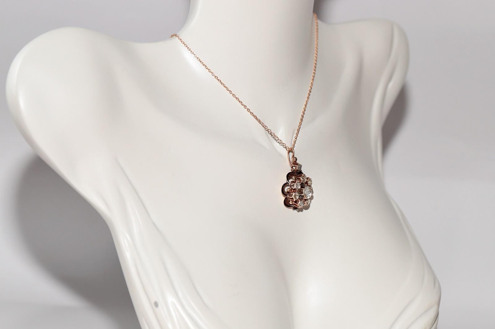 Women's Antique Circa 1900s 14k Gold Natural Rose Cut Diamond Enamel Pendant Necklace For Sale
