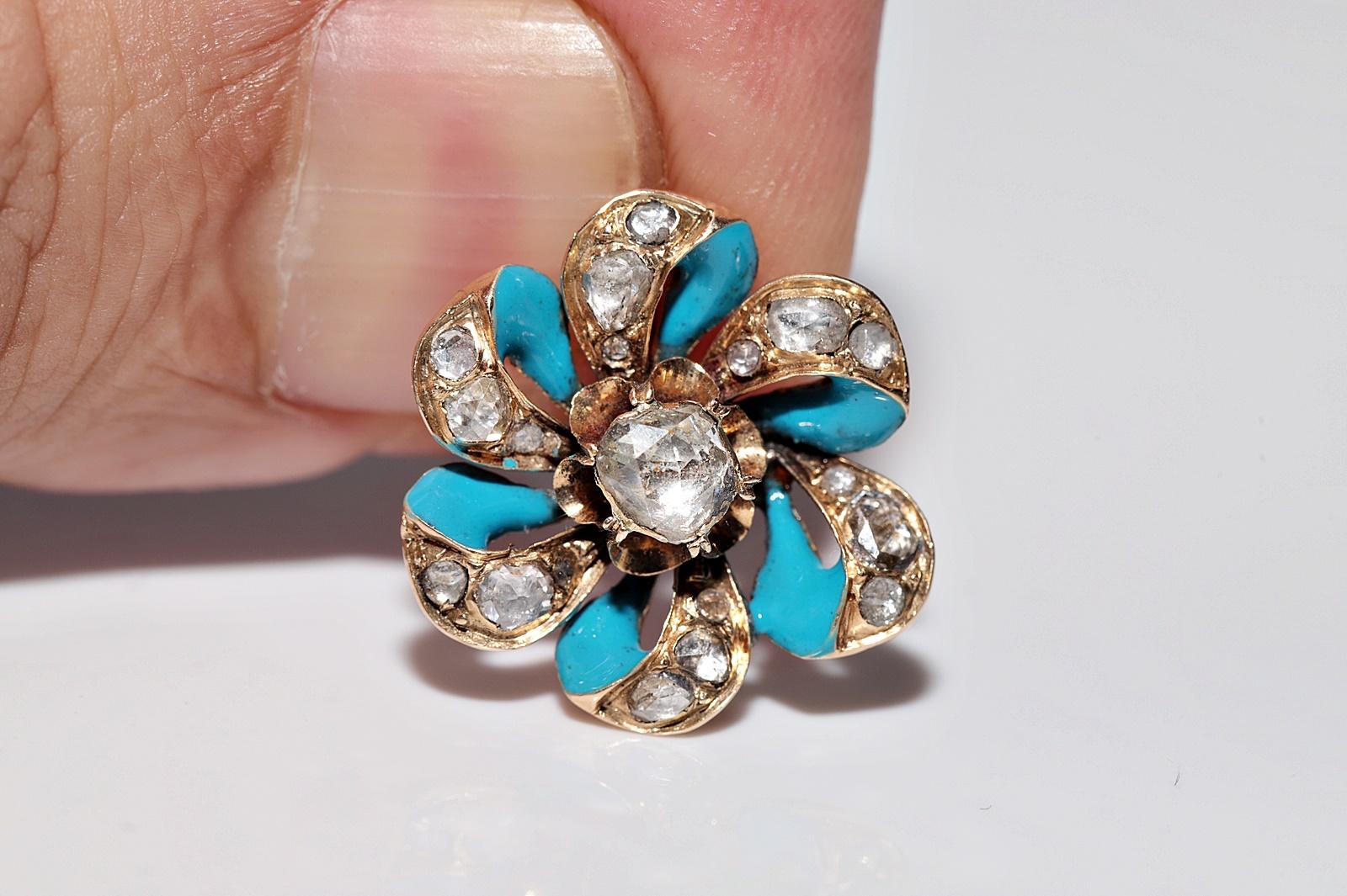 Antique Circa 1900s 14k Gold Natural Rose Cut Diamond Enamel Pendant Necklace For Sale 1