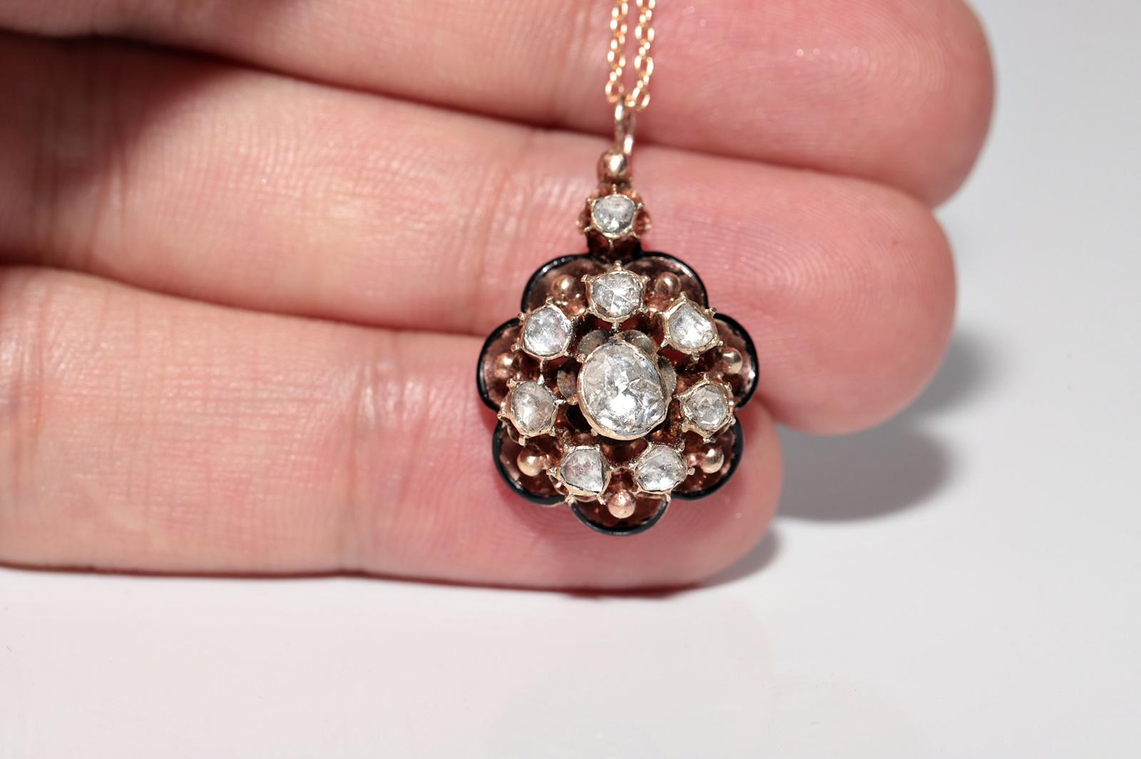Antique Circa 1900s 14k Gold Natural Rose Cut Diamond Enamel Pendant Necklace For Sale 1