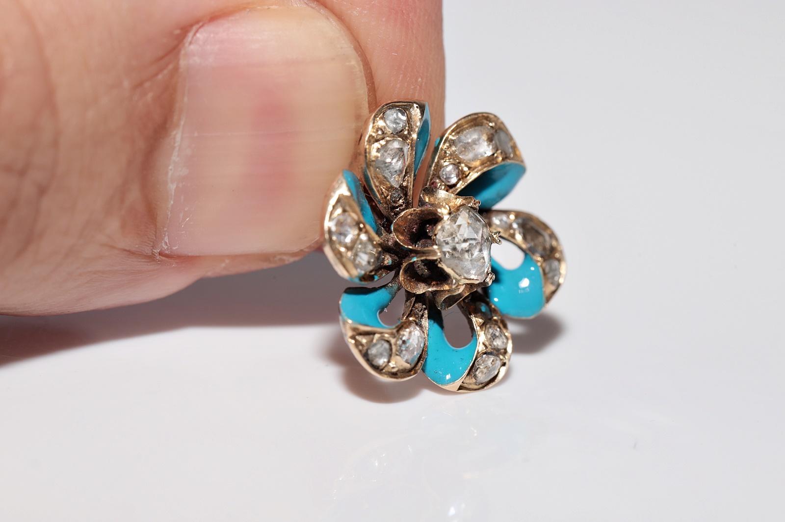 Antique Circa 1900s 14k Gold Natural Rose Cut Diamond Enamel Pendant Necklace For Sale 2