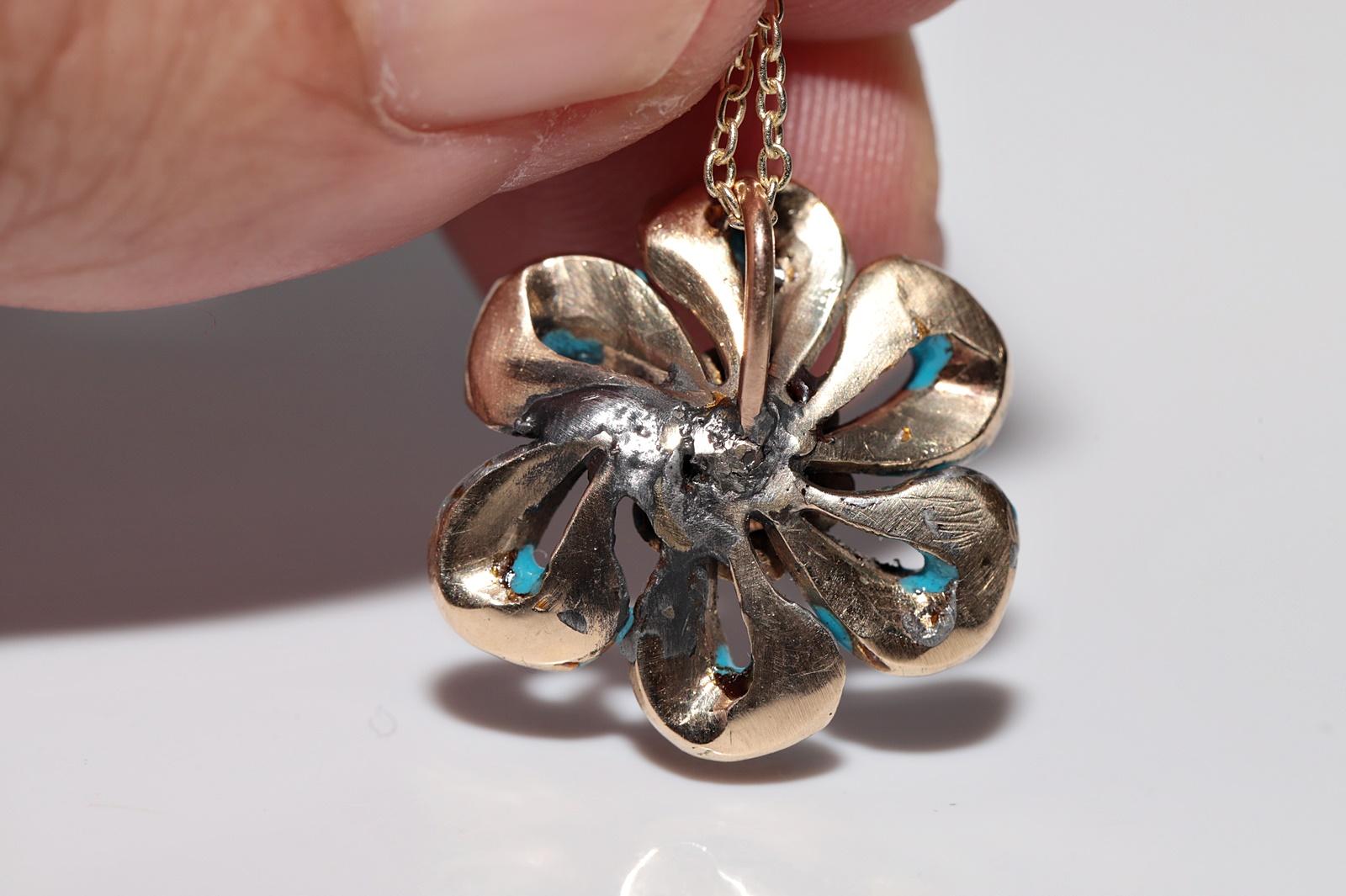 Antique Circa 1900s 14k Gold Natural Rose Cut Diamond Enamel Pendant Necklace For Sale 3