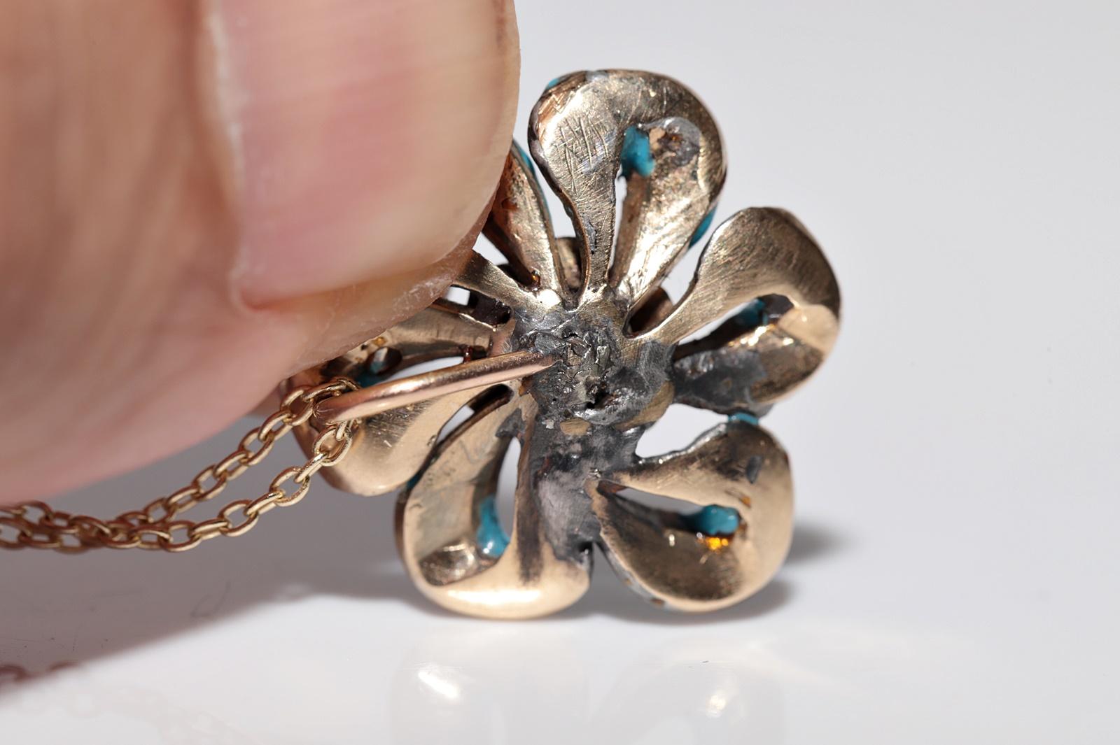 Antique Circa 1900s 14k Gold Natural Rose Cut Diamond Enamel Pendant Necklace For Sale 4