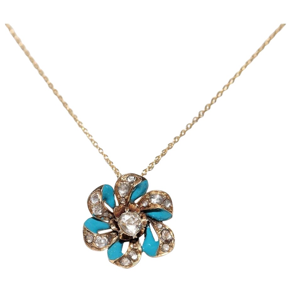 Collana con ciondolo in oro 14k con diamante naturale taglio rosa e smalto, antica CIRCA 1900