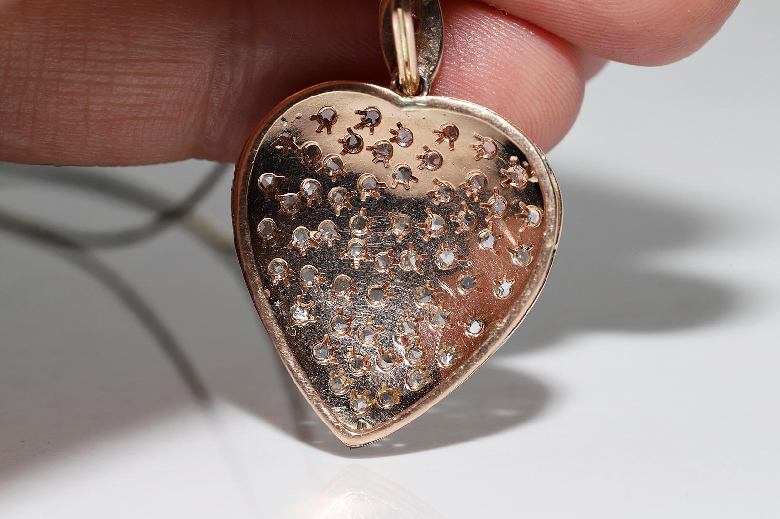 Antique Circa 1900s 14k Gold Natural Rose Cut Diamond Heart Pendant Necklace For Sale 5