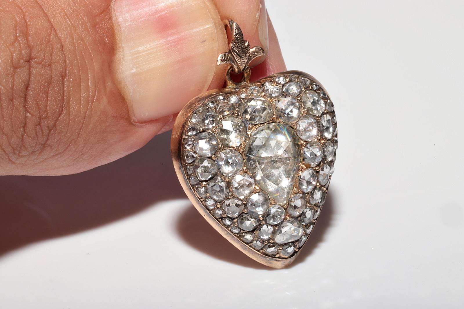 Antique Circa 1900s 14k Gold Natural Rose Cut Diamond Heart Pendant Necklace For Sale 5