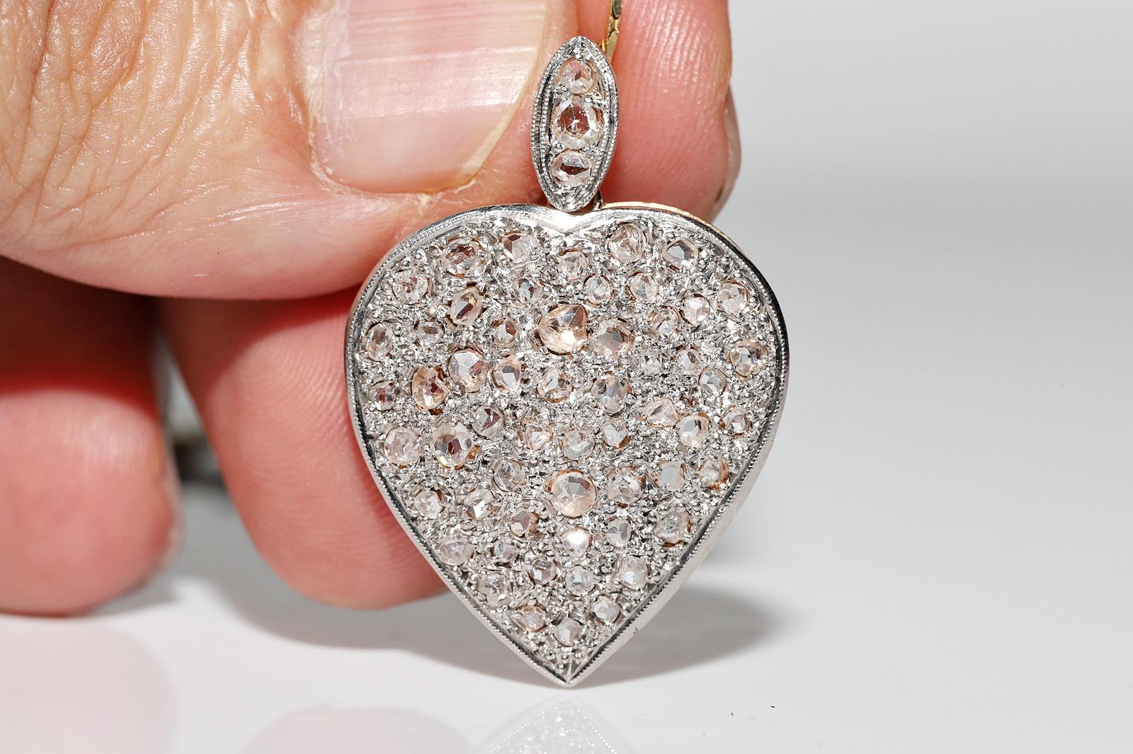 Antique Circa 1900s 14k Gold Natural Rose Cut Diamond Heart Pendant Necklace For Sale 8