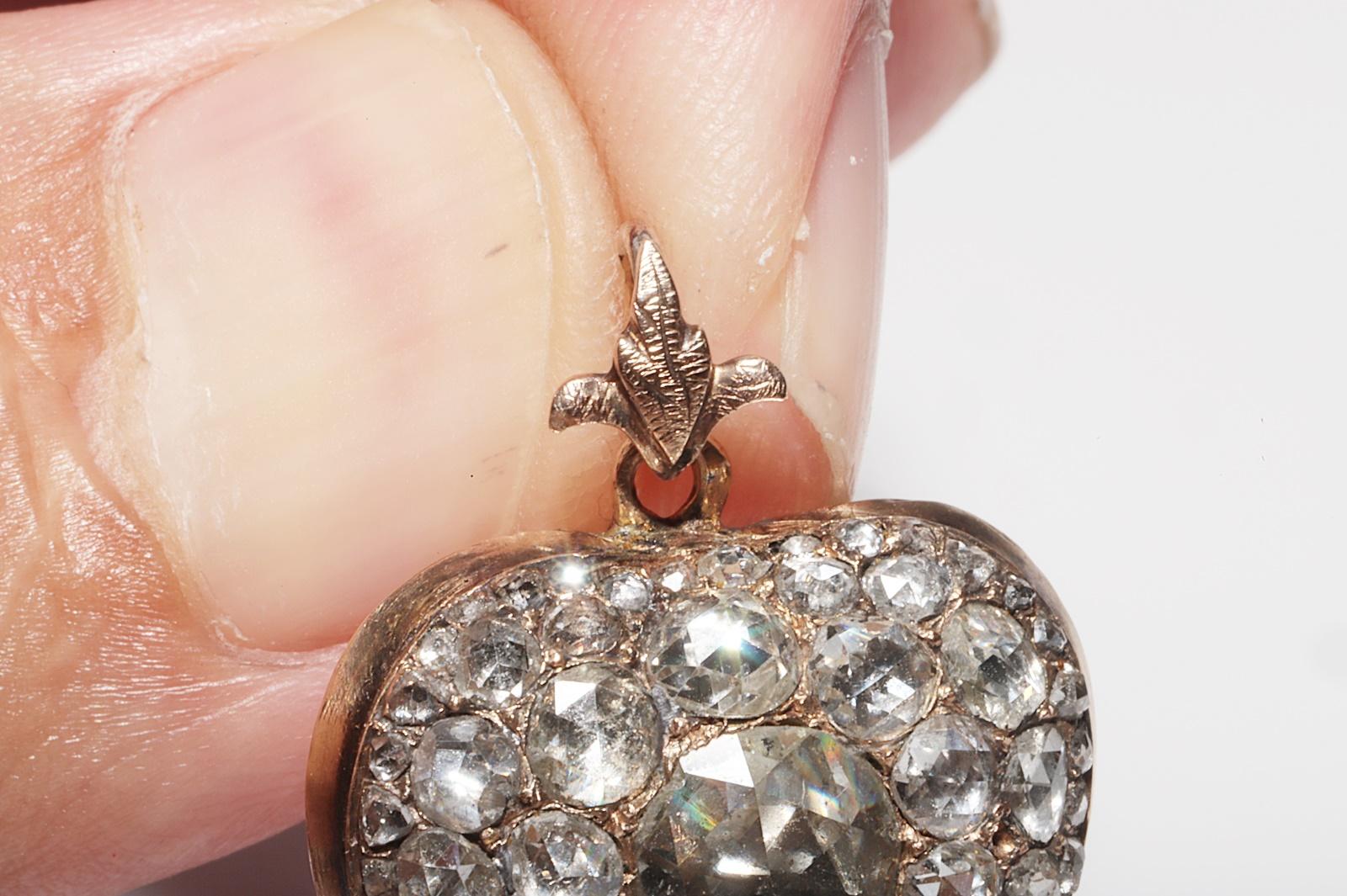 Antique Circa 1900s 14k Gold Natural Rose Cut Diamond Heart Pendant Necklace For Sale 8