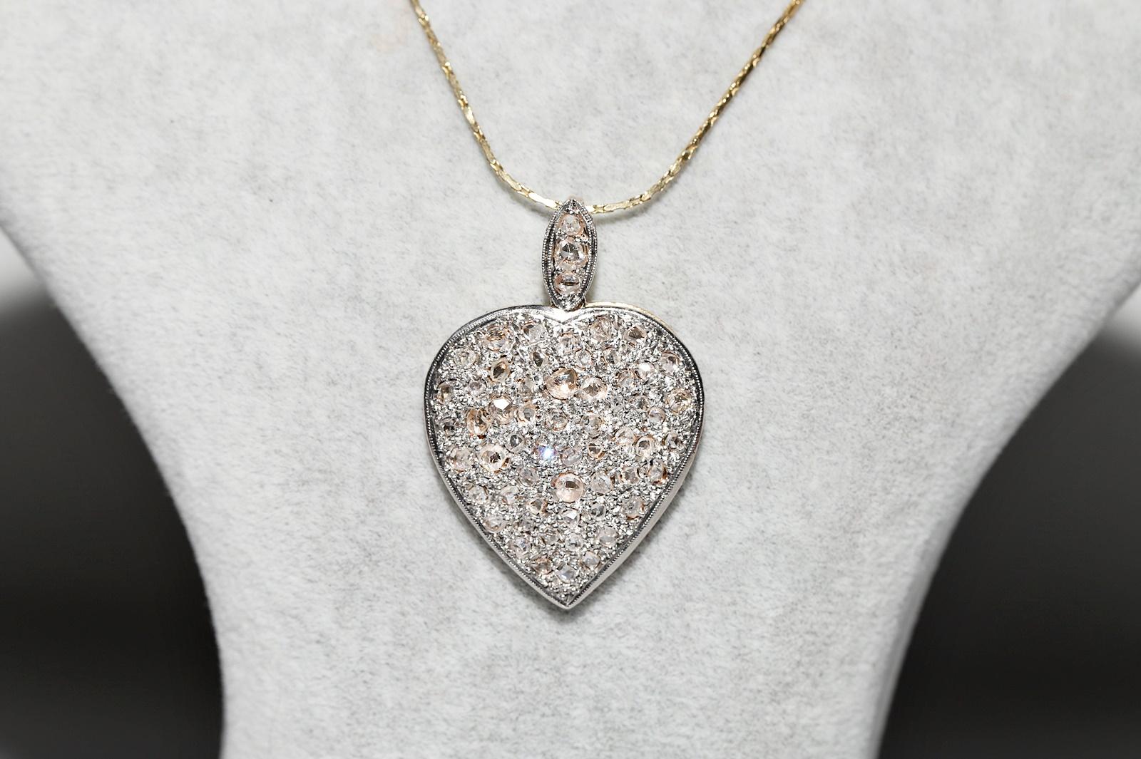 Victorian Antique Circa 1900s 14k Gold Natural Rose Cut Diamond Heart Pendant Necklace For Sale