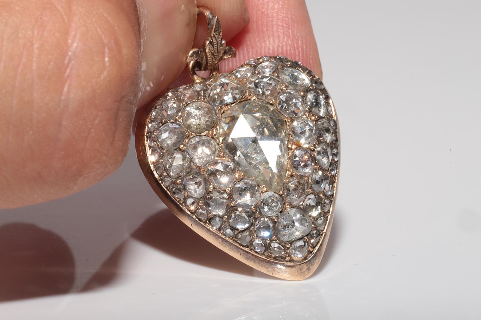 Victorian Antique Circa 1900s 14k Gold Natural Rose Cut Diamond Heart Pendant Necklace For Sale