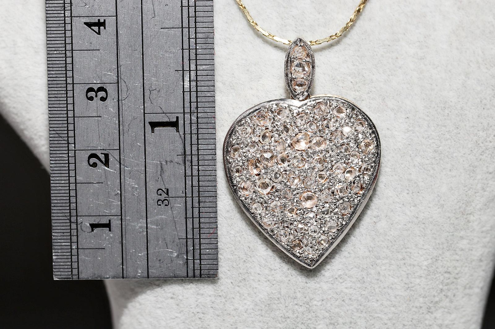 Women's Antique Circa 1900s 14k Gold Natural Rose Cut Diamond Heart Pendant Necklace For Sale
