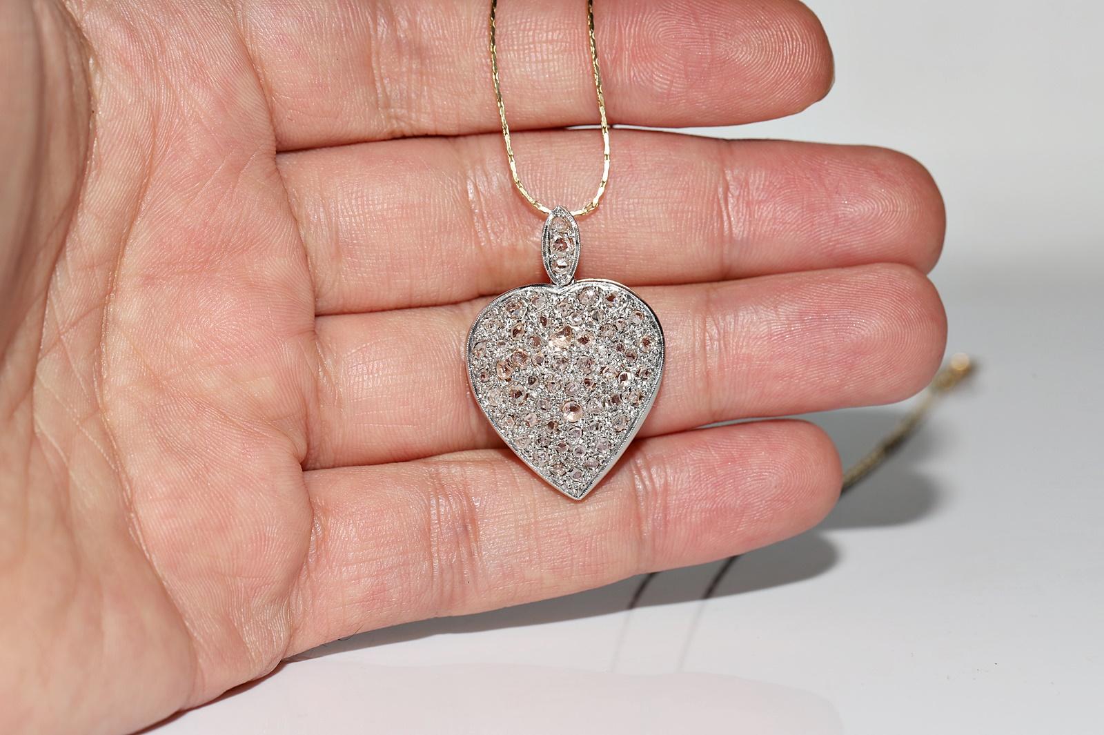 Antique Circa 1900s 14k Gold Natural Rose Cut Diamond Heart Pendant Necklace For Sale 1